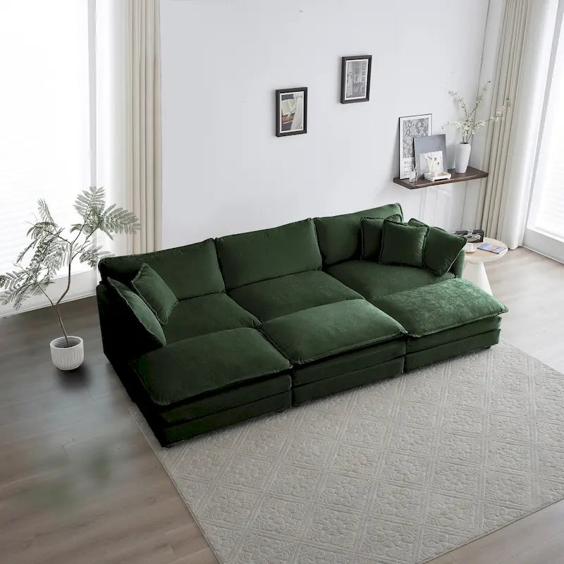 Canapé d'angle en U vert à 6 places avec 3 poufs et oreillers