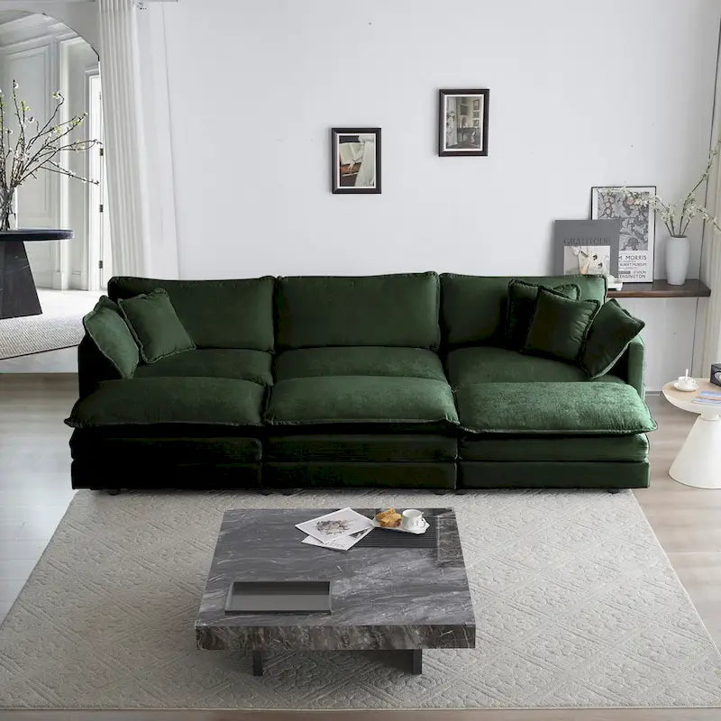 Canapé d'angle en U vert à 6 places avec 3 poufs et oreillers