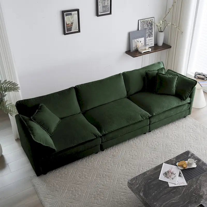 Canapé d'angle en U vert à 6 places avec 3 poufs et oreillers