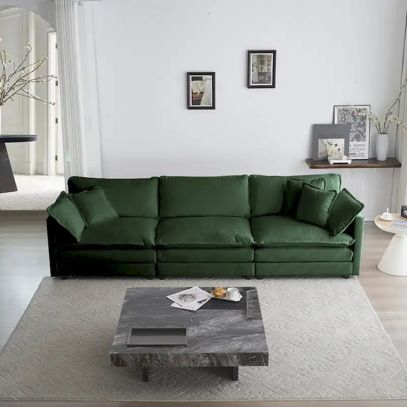 Canapé d'angle en U vert à 6 places avec 3 poufs et oreillers