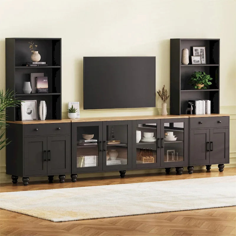 Black + Dark Walnut Farmhouse TV Entertainment Center with Bookshelves & Glass Doors for 70 TVs