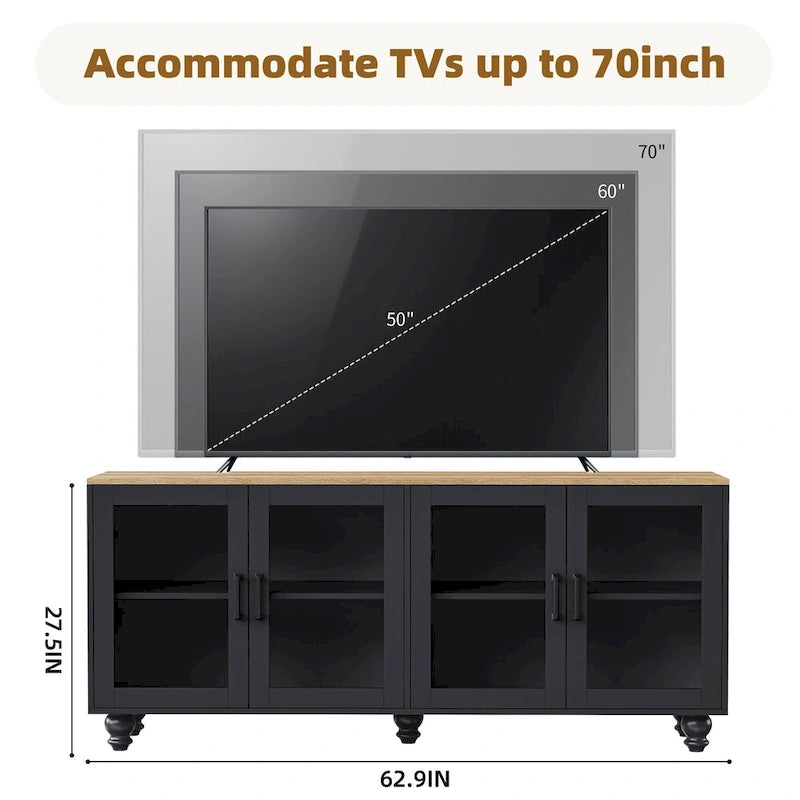 Meuble TV de ferme noir et noyer foncé avec étagères et portes en verre pour téléviseurs de 70 pouces