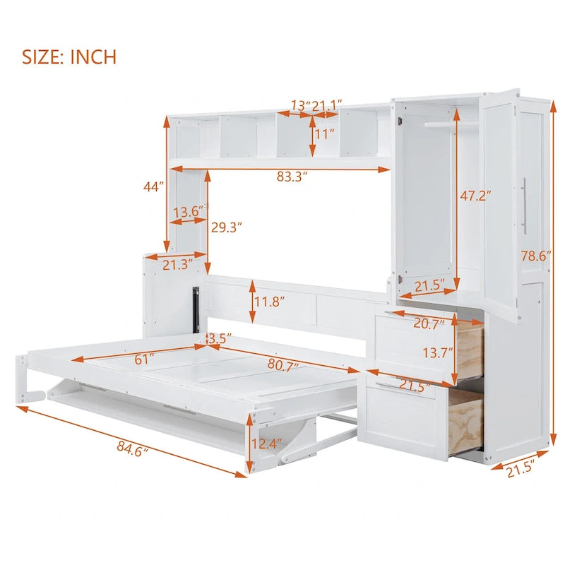 Lit escamotable Queen Size avec armoire et tiroirs