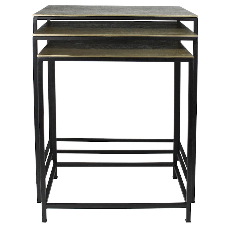 Ensemble de trois tables gigognes en laiton, aluminium noir et fer – 11,5' x 26' x 21'