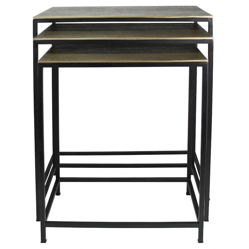 Ensemble de trois tables gigognes en laiton, aluminium noir et fer – 11,5' x 26' x 21'