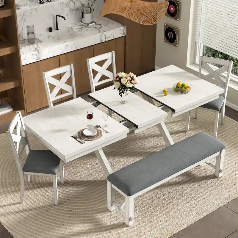 Table à manger rectangulaire extensible en bois massif moderne de 90 pouces