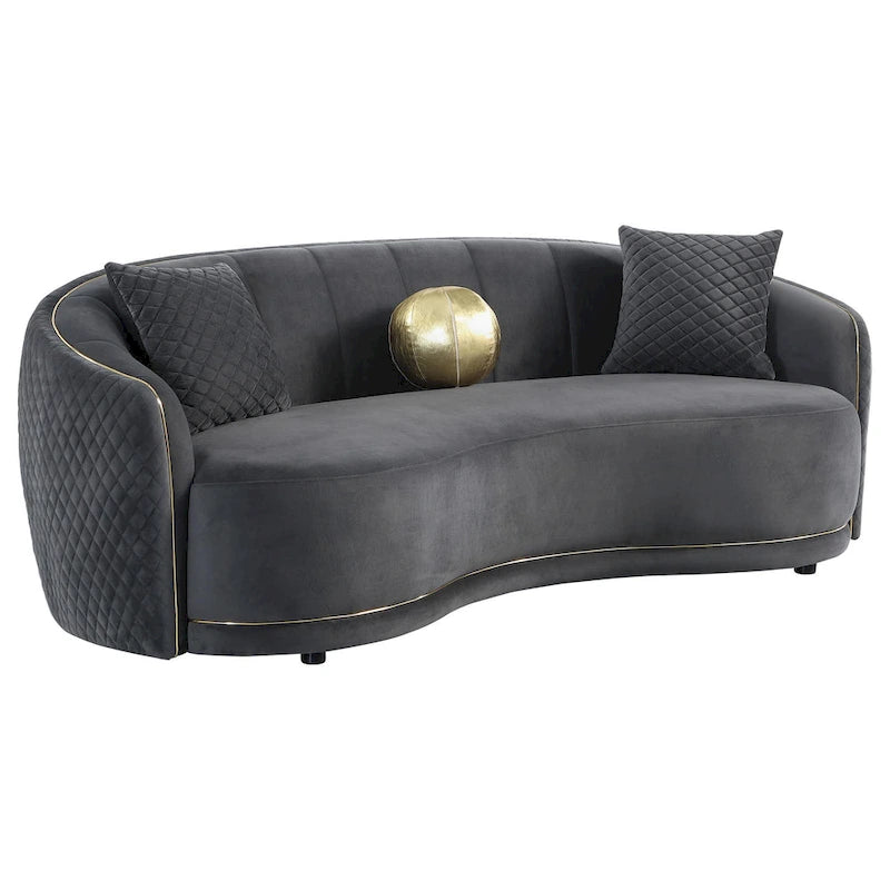 Canapé courbé, 234 cm, polyester gris foncé, liseré doré, 3 coussins