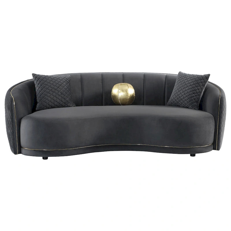 Canapé courbé, 234 cm, polyester gris foncé, liseré doré, 3 coussins