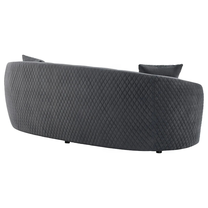 Canapé courbé, 234 cm, polyester gris foncé, liseré doré, 3 coussins