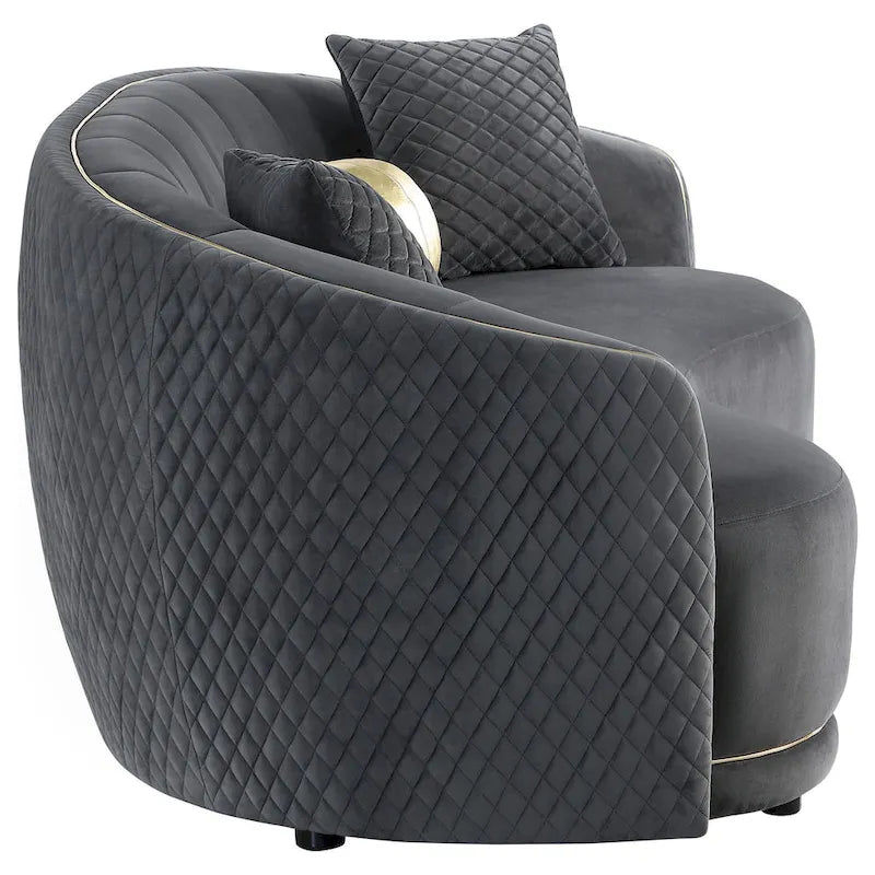 Canapé courbé, 234 cm, polyester gris foncé, liseré doré, 3 coussins