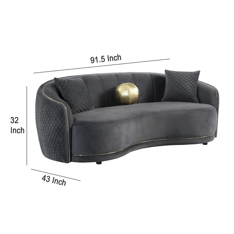 Canapé courbé, 234 cm, polyester gris foncé, liseré doré, 3 coussins