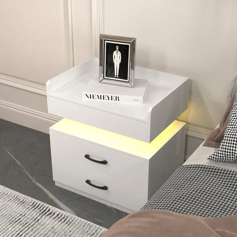 Table de chevet intelligente avec bande lumineuse LED réglable, armoire de rangement à 2 tiroirs, table d'appoint de canapé, table basse