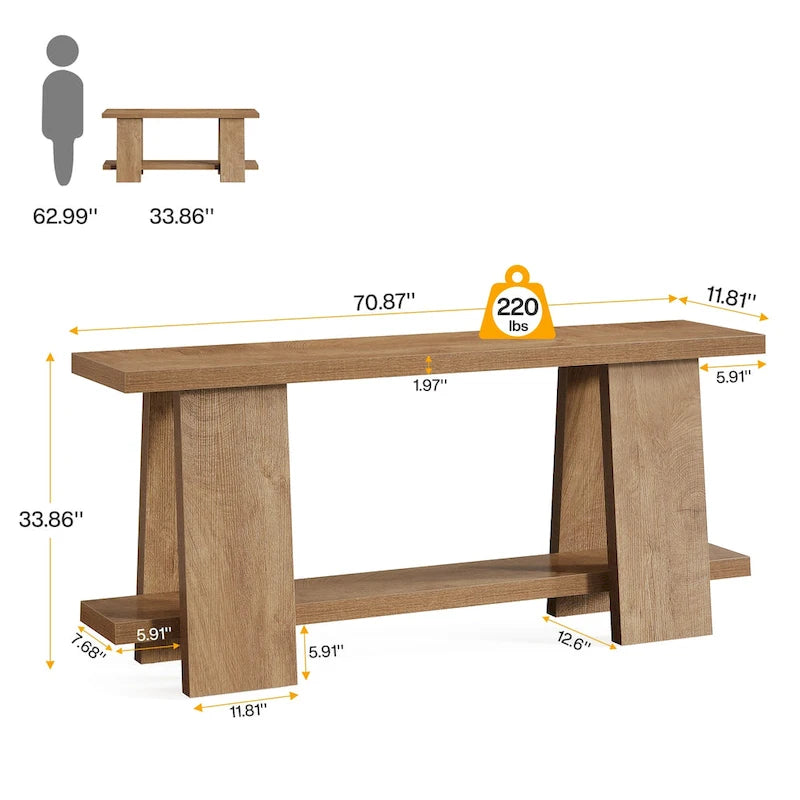 Grande table de canapé de 180 cm, console moderne à 2 niveaux pour entrée – 180 L x 30 l x 85 H