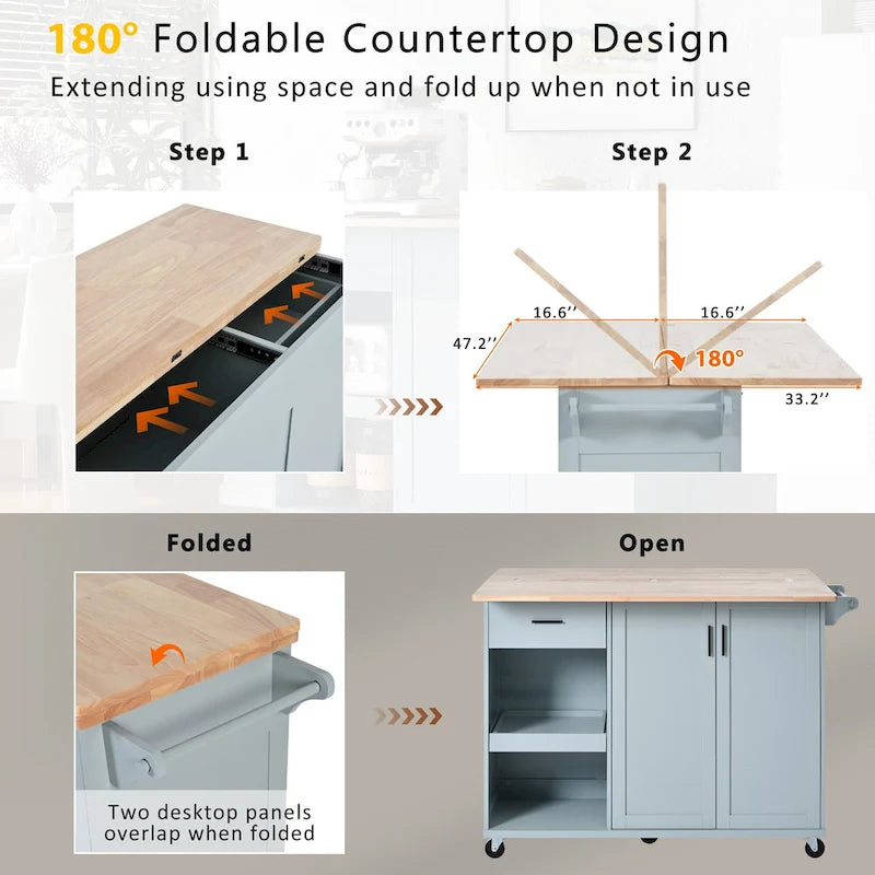Îlot de cuisine avec plan de travail rabattable (tabouret non inclus)