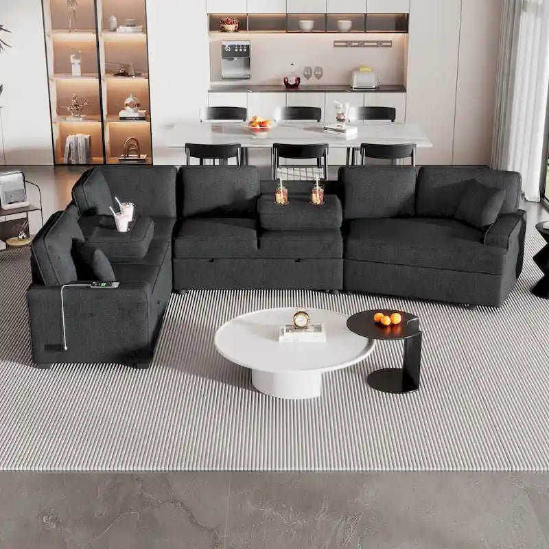 Canapé d'angle en L 6 places de 320 cm avec lit gigogne, ports de chargement USB et tablettes avec porte-gobelets rabattables