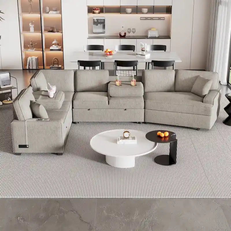 Canapé d'angle en L 6 places de 320 cm avec lit gigogne, ports de chargement USB et tablettes avec porte-gobelets rabattables