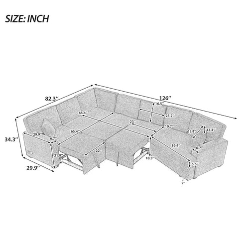Canapé d'angle en L 6 places de 320 cm avec lit gigogne, ports de chargement USB et tablettes avec porte-gobelets rabattables