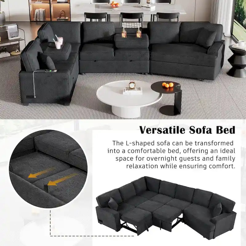 Canapé d'angle en L 6 places de 320 cm avec lit gigogne, ports de chargement USB et tablettes avec porte-gobelets rabattables