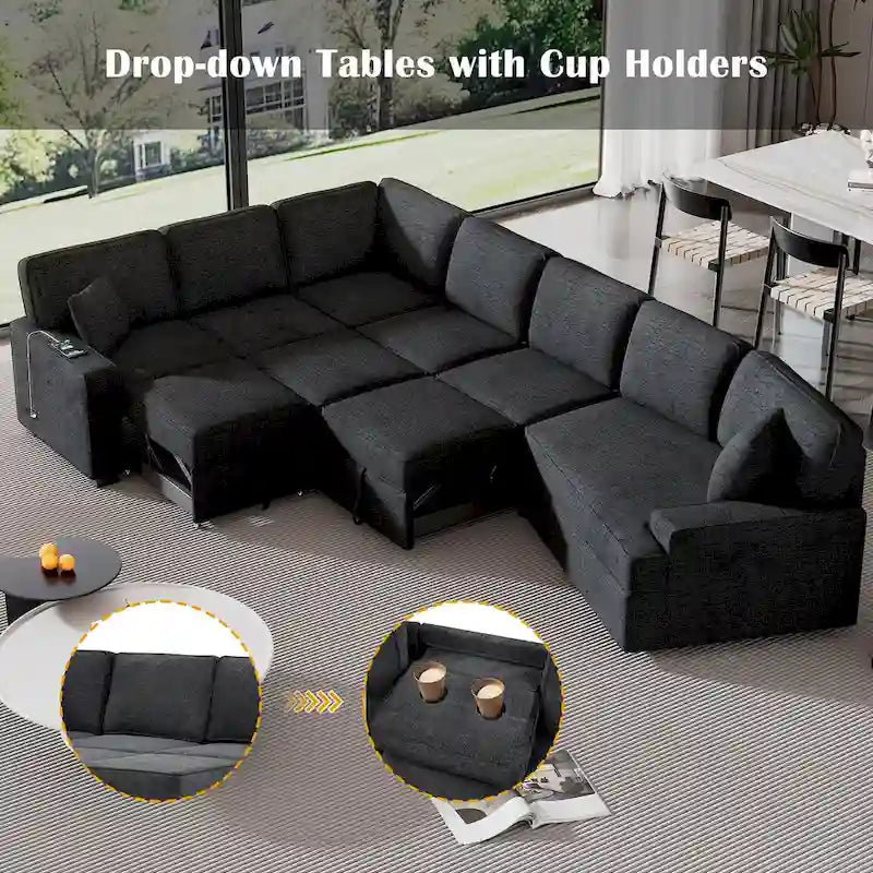 Canapé d'angle en L 6 places de 320 cm avec lit gigogne, ports de chargement USB et tablettes avec porte-gobelets rabattables