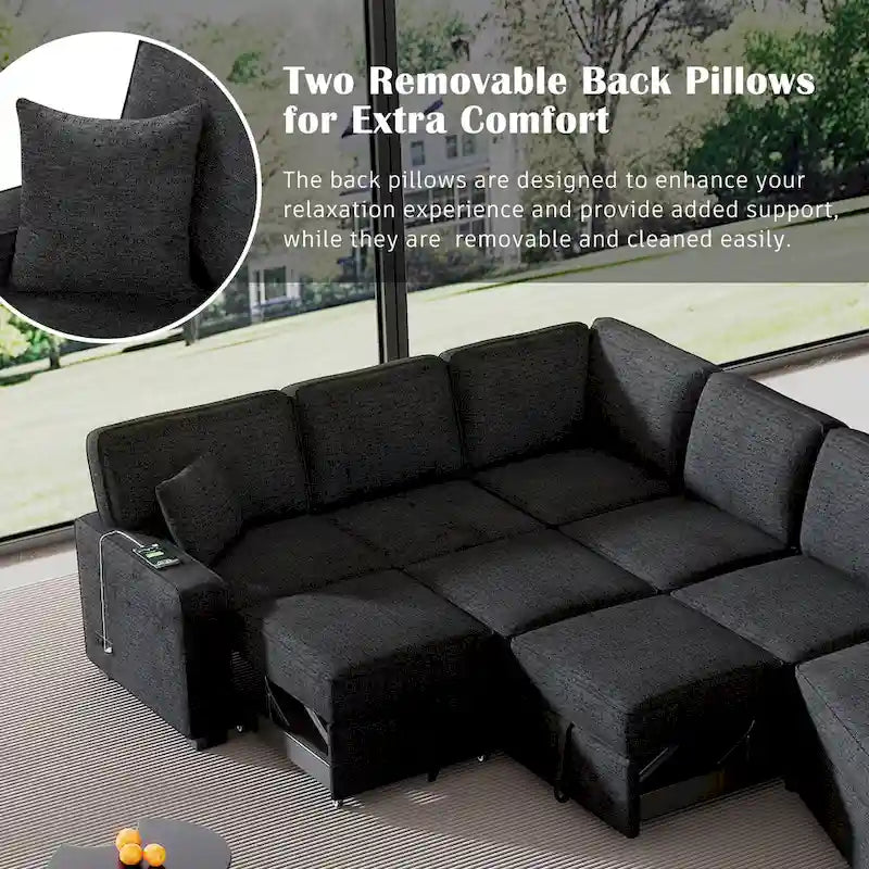 Canapé d'angle en L 6 places de 320 cm avec lit gigogne, ports de chargement USB et tablettes avec porte-gobelets rabattables