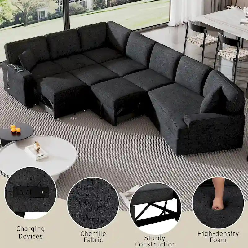 Canapé d'angle en L 6 places de 320 cm avec lit gigogne, ports de chargement USB et tablettes avec porte-gobelets rabattables