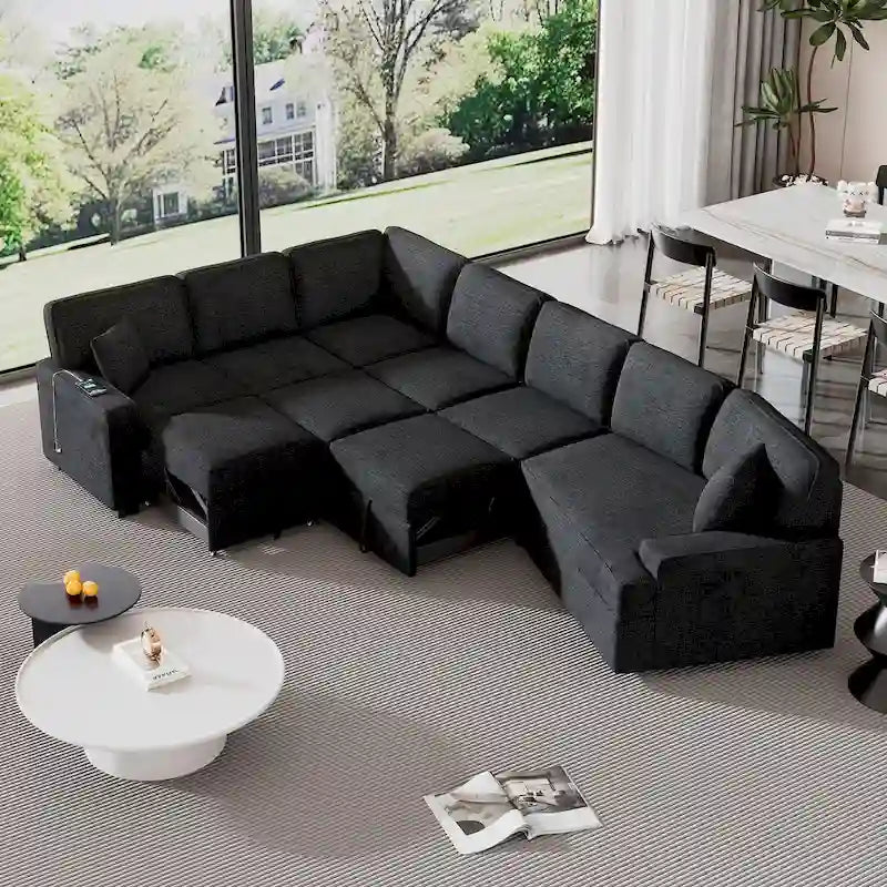 Canapé d'angle en L 6 places de 320 cm avec lit gigogne, ports de chargement USB et tablettes avec porte-gobelets rabattables