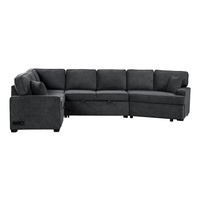 Canapé d'angle en L 6 places de 320 cm avec lit gigogne, ports de chargement USB et tablettes avec porte-gobelets rabattables