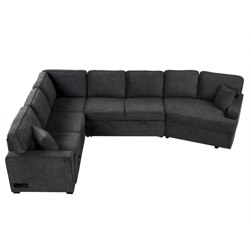 Canapé d'angle en L 6 places de 320 cm avec lit gigogne, ports de chargement USB et tablettes avec porte-gobelets rabattables