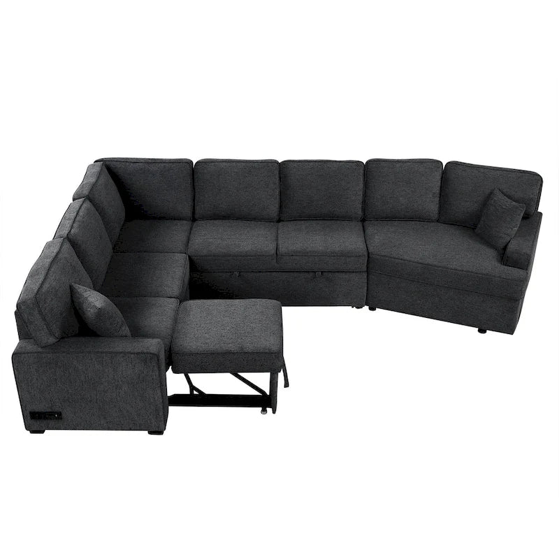 Canapé d'angle en L 6 places de 320 cm avec lit gigogne, ports de chargement USB et tablettes avec porte-gobelets rabattables