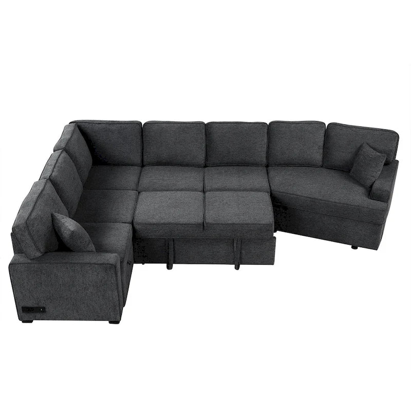 Canapé d'angle en L 6 places de 320 cm avec lit gigogne, ports de chargement USB et tablettes avec porte-gobelets rabattables
