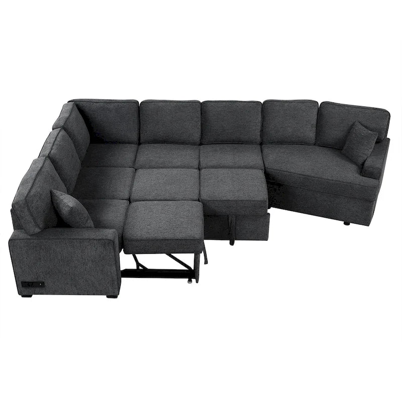 Canapé d'angle en L 6 places de 320 cm avec lit gigogne, ports de chargement USB et tablettes avec porte-gobelets rabattables