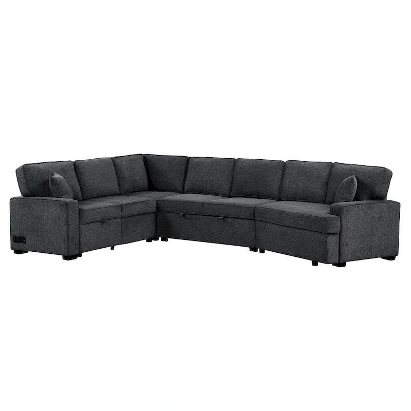 Canapé d'angle en L 6 places de 320 cm avec lit gigogne, ports de chargement USB et tablettes avec porte-gobelets rabattables