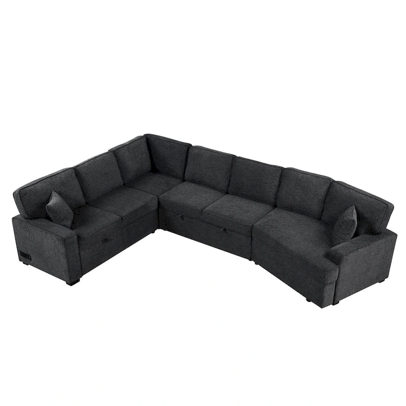 Canapé d'angle en L 6 places de 320 cm avec lit gigogne, ports de chargement USB et tablettes avec porte-gobelets rabattables
