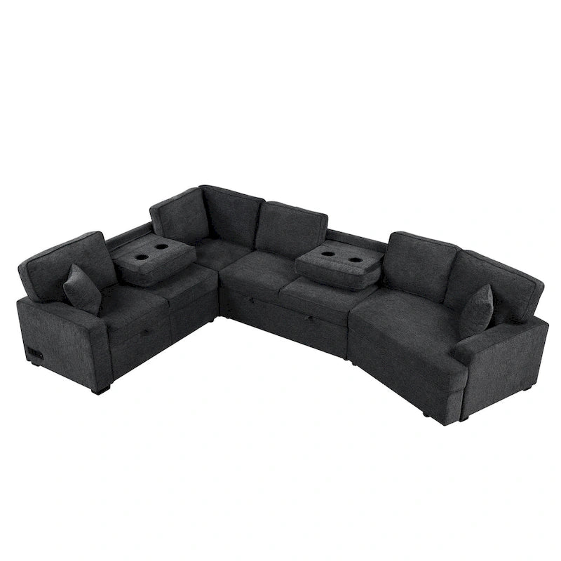 Canapé d'angle en L 6 places de 320 cm avec lit gigogne, ports de chargement USB et tablettes avec porte-gobelets rabattables