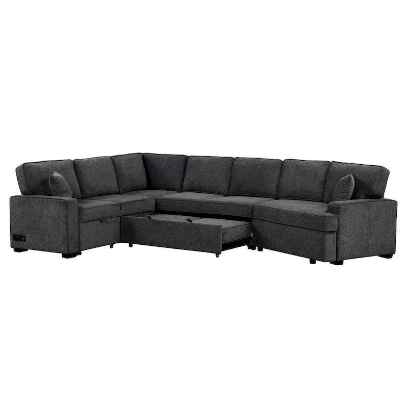 Canapé d'angle en L 6 places de 320 cm avec lit gigogne, ports de chargement USB et tablettes avec porte-gobelets rabattables