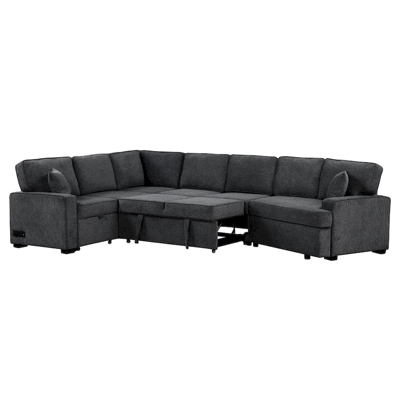 Canapé d'angle en L 6 places de 320 cm avec lit gigogne, ports de chargement USB et tablettes avec porte-gobelets rabattables