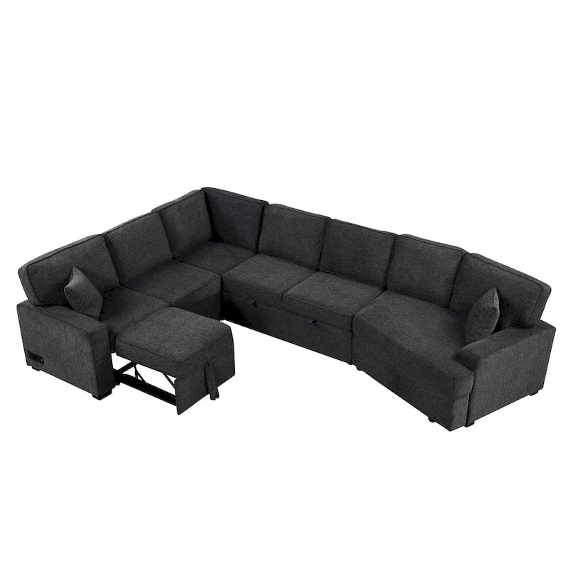 Canapé d'angle en L 6 places de 320 cm avec lit gigogne, ports de chargement USB et tablettes avec porte-gobelets rabattables