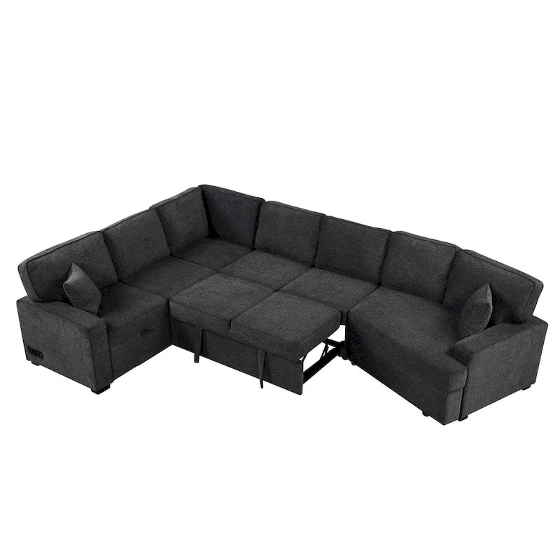 Canapé d'angle en L 6 places de 320 cm avec lit gigogne, ports de chargement USB et tablettes avec porte-gobelets rabattables