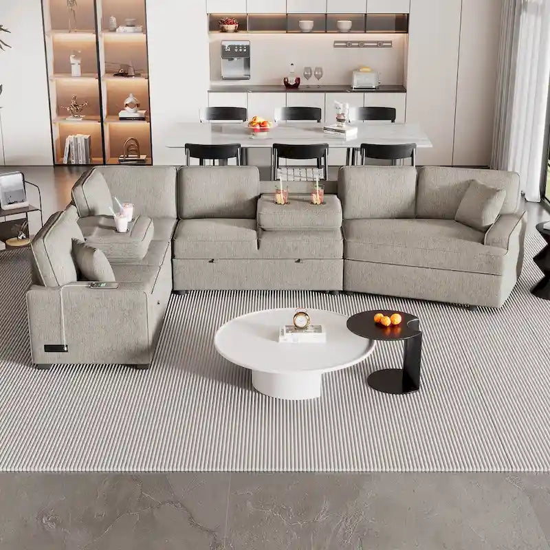 Canapé d'angle en L 6 places de 320 cm avec lit gigogne, ports de chargement USB et tablettes avec porte-gobelets rabattables