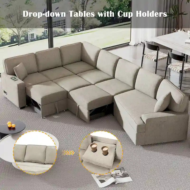 Canapé d'angle en L 6 places de 320 cm avec lit gigogne, ports de chargement USB et tablettes avec porte-gobelets rabattables