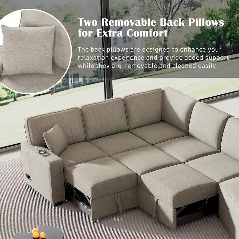 Canapé d'angle en L 6 places de 320 cm avec lit gigogne, ports de chargement USB et tablettes avec porte-gobelets rabattables