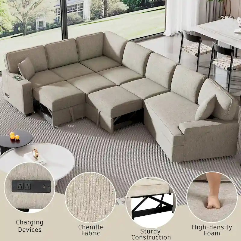 Canapé d'angle en L 6 places de 320 cm avec lit gigogne, ports de chargement USB et tablettes avec porte-gobelets rabattables