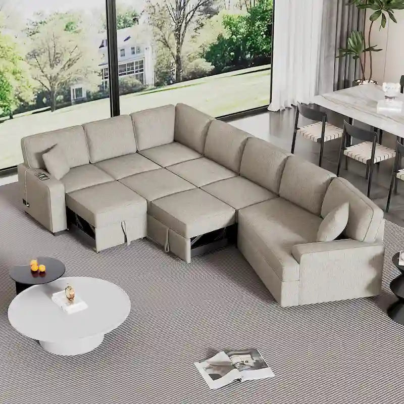 Canapé d'angle en L 6 places de 320 cm avec lit gigogne, ports de chargement USB et tablettes avec porte-gobelets rabattables