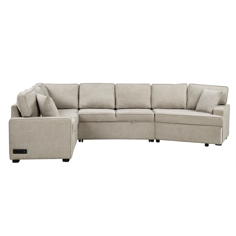 Canapé d'angle en L 6 places de 320 cm avec lit gigogne, ports de chargement USB et tablettes avec porte-gobelets rabattables