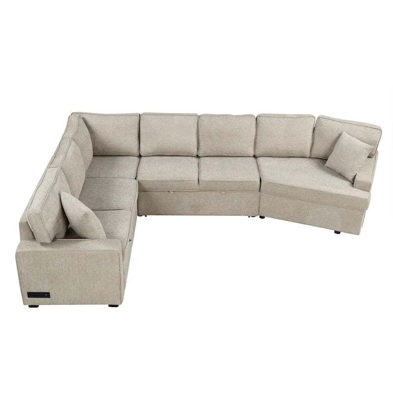Canapé d'angle en L 6 places de 320 cm avec lit gigogne, ports de chargement USB et tablettes avec porte-gobelets rabattables