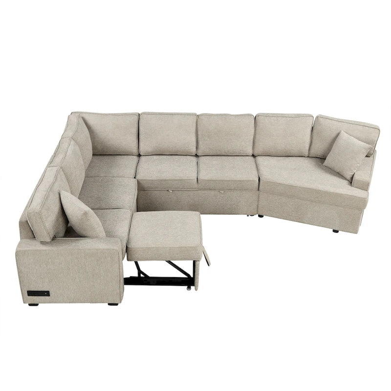 Canapé d'angle en L 6 places de 320 cm avec lit gigogne, ports de chargement USB et tablettes avec porte-gobelets rabattables