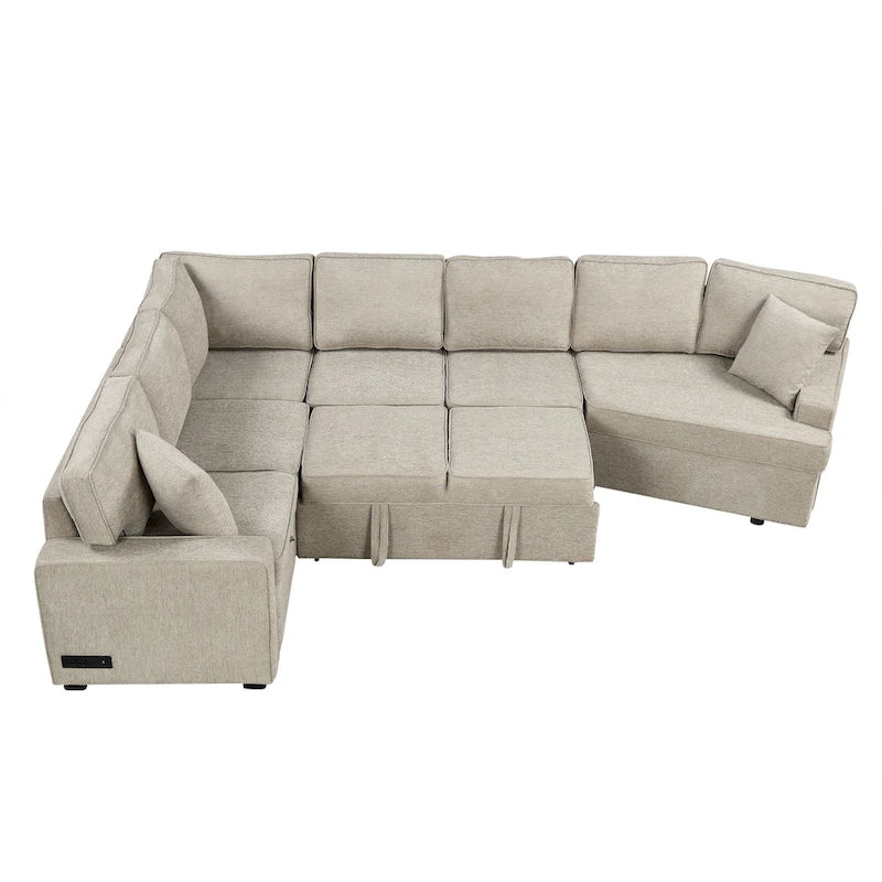 Canapé d'angle en L 6 places de 320 cm avec lit gigogne, ports de chargement USB et tablettes avec porte-gobelets rabattables