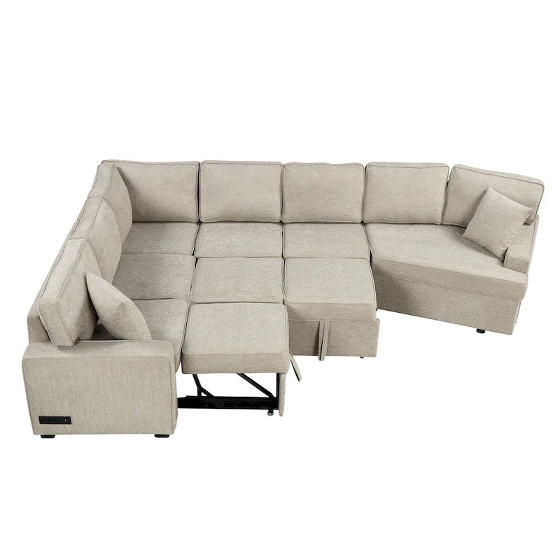 Canapé d'angle en L 6 places de 320 cm avec lit gigogne, ports de chargement USB et tablettes avec porte-gobelets rabattables