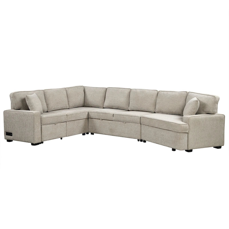 Canapé d'angle en L 6 places de 320 cm avec lit gigogne, ports de chargement USB et tablettes avec porte-gobelets rabattables