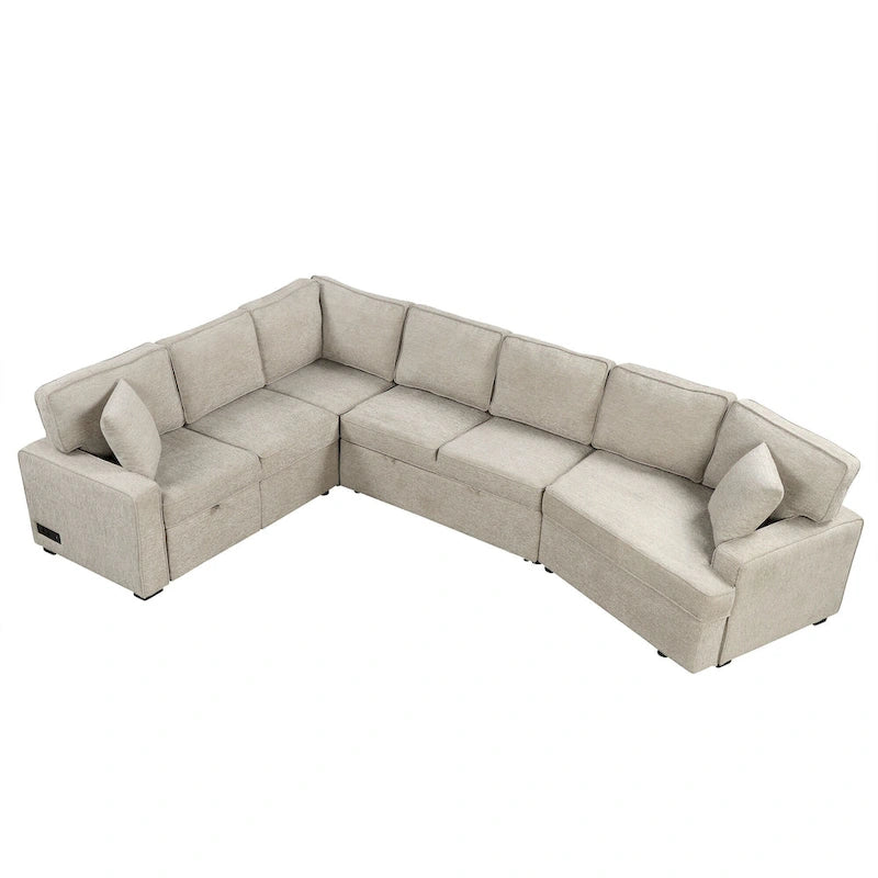 Canapé d'angle en L 6 places de 320 cm avec lit gigogne, ports de chargement USB et tablettes avec porte-gobelets rabattables